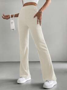 EURMUSE Ladies' Casual Simple Solid Color Flare Pants - Beige - View 3