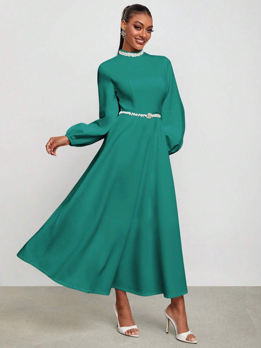 VNCIRCLE Designer Elegant Green Mock Neck Lantern Sleeve Dress With Belt, For Spring, Festival, Holiday, Party, Birthday Outfits, Wedding Prom Dress - Green - View 1