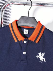 Tween 男童宽松拼色翻领短袖针织 Polo 衫，休闲春夏户外运动学校派对百搭百搭 - 藏蓝色 - 查看 3