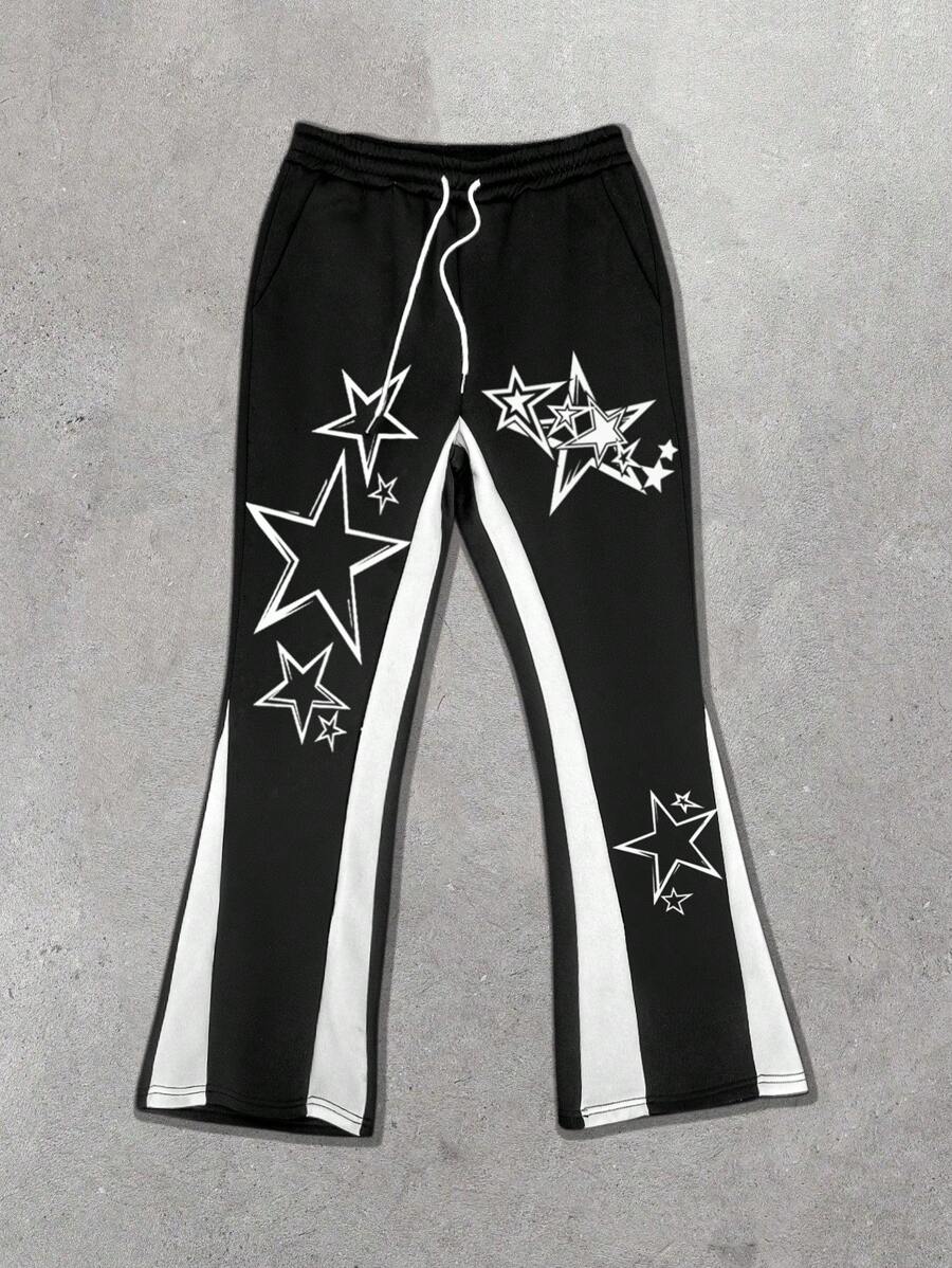 Manfinity EMRG Men's Casual Everyday Star Print Drawstring Waist Flared Sweatpants, Autumn - Black - View 1