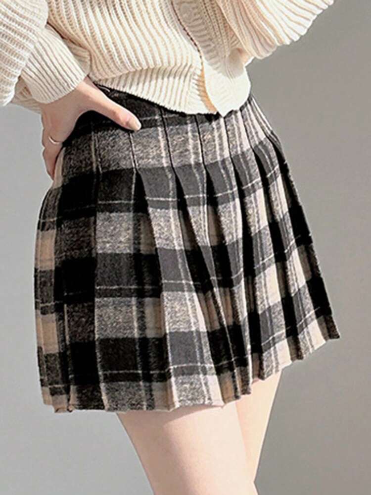 Minifalda plisada de línea A a cuadros para mujer, color negro, para todas las temporadas, Navidad, Año Nuevo