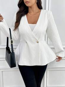 SHEIN Frenchy Plus Size V-Neck Casual Jacket, Minimalist And Fashionable For Everyday Wear Fall/Winter - White - View 2