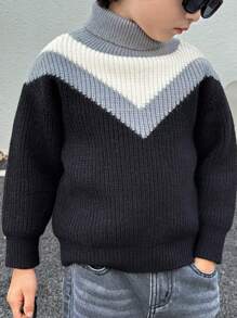 年轻男孩时尚纯色高领长袖柔软保暖针织毛衣，适合秋冬季日常穿着、寒冷天气和旅行 - 黑與白 - 查看 3
