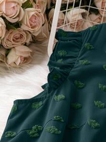 SHEIN LUNE 大码女式提花V领荷叶袖衬衫，秋季/夏季 - 墨綠色 - 查看 6