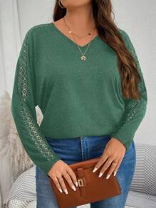 SHEIN LUNE 大码女式春秋季纯色撞色蕾丝V领蝙蝠袖长袖休闲T恤绿色节日圣诞新年冬季女装新年女装 - 墨綠色 - 查看 1