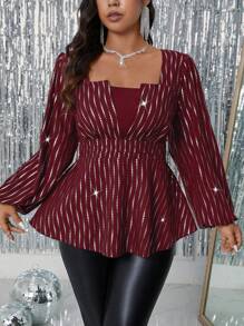 Allurite Plus Size Metallic Foil Fabric Cut-Out Structure Waist Gathered A-Line Long Sleeve Shirt Peplum Top