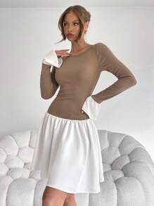 SHEIN Essnce Casual Women's Knit And Linen Mini Dress - Smoke & Ivory Fall/Winter Dress Bachelorette Dress Y2k Dress Fall/Winter Color Block Round Neck Long Sleeve Pleated Simple Casual Short Dress Women Dresses Black Lantern Dress Hem Dress /Flower Bud Hem/Ruffle/Birthday Outfit/Bubbl Thanksgiving Mini Dress