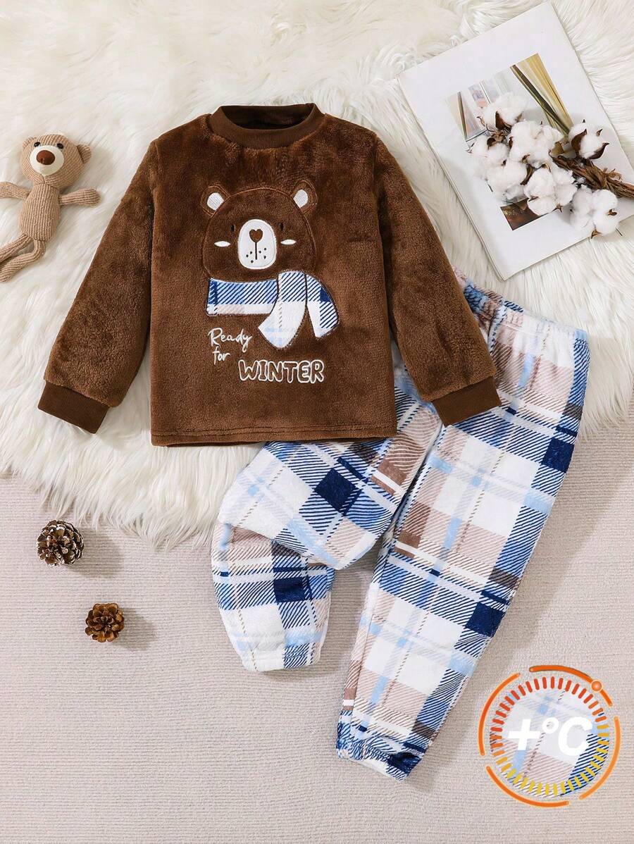 幼儿男童棕色卡通熊图案羊毛长袖上衣和裤子家居服套装,舒适优质面料,休闲时尚,适合家庭聚会,秋冬季 - 棕色 - 查看 1