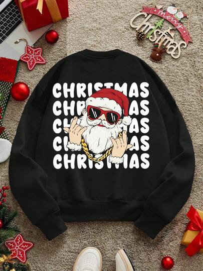Manfinity VCAY Men's Christmas Santa Claus Print Crew Neck Sweatshirt, For Christmas Party, Gifts, For Fall Winter