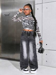SHEIN Tween Girls' Y2K Grey Washed Multi Pocket Straight Leg Cargo Jeans,Girls Winter Clothes Cargo Pants Streetwear Outfits - Dark Grey - View 5