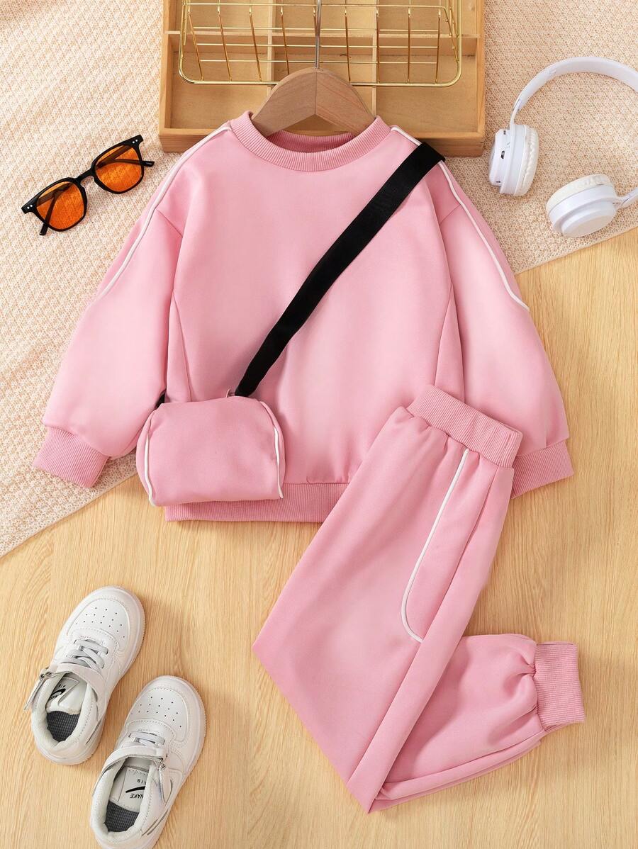 2 件/套年轻女孩休闲日常运动圆领运动衫和运动裤套装，秋季粉色儿童套装女童运动衫套装女婴运动衫套装女婴运动服套装女婴运动服 - 粉色 - 查看 1
