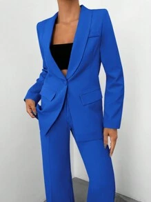 EURMUSE 2pcs Pure Color Women's Suit Blazer With Stand Collar - Royal Blue - View 3