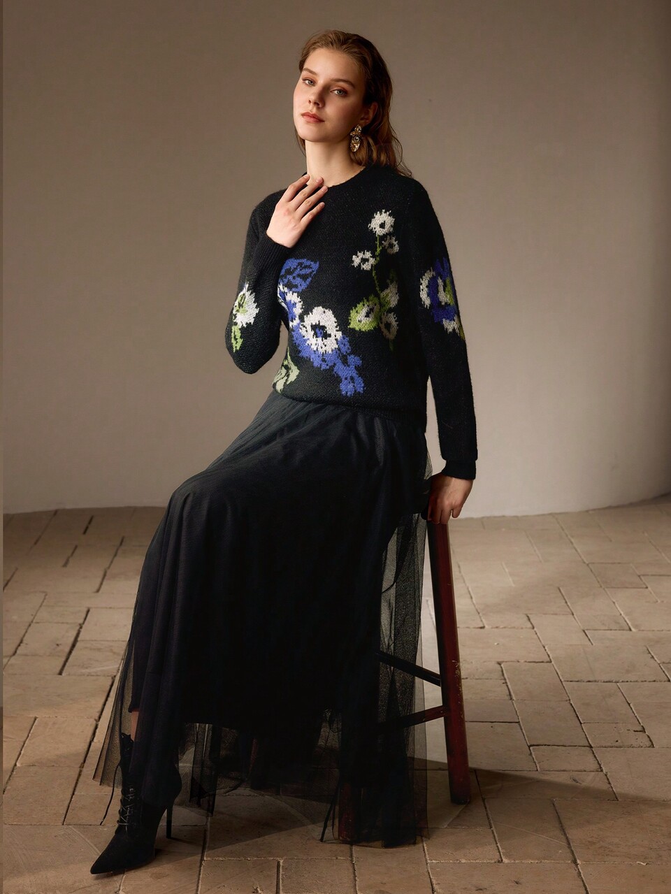 FLORAL PATTERN DROP SHOULDER OVERSIZE SWEATER