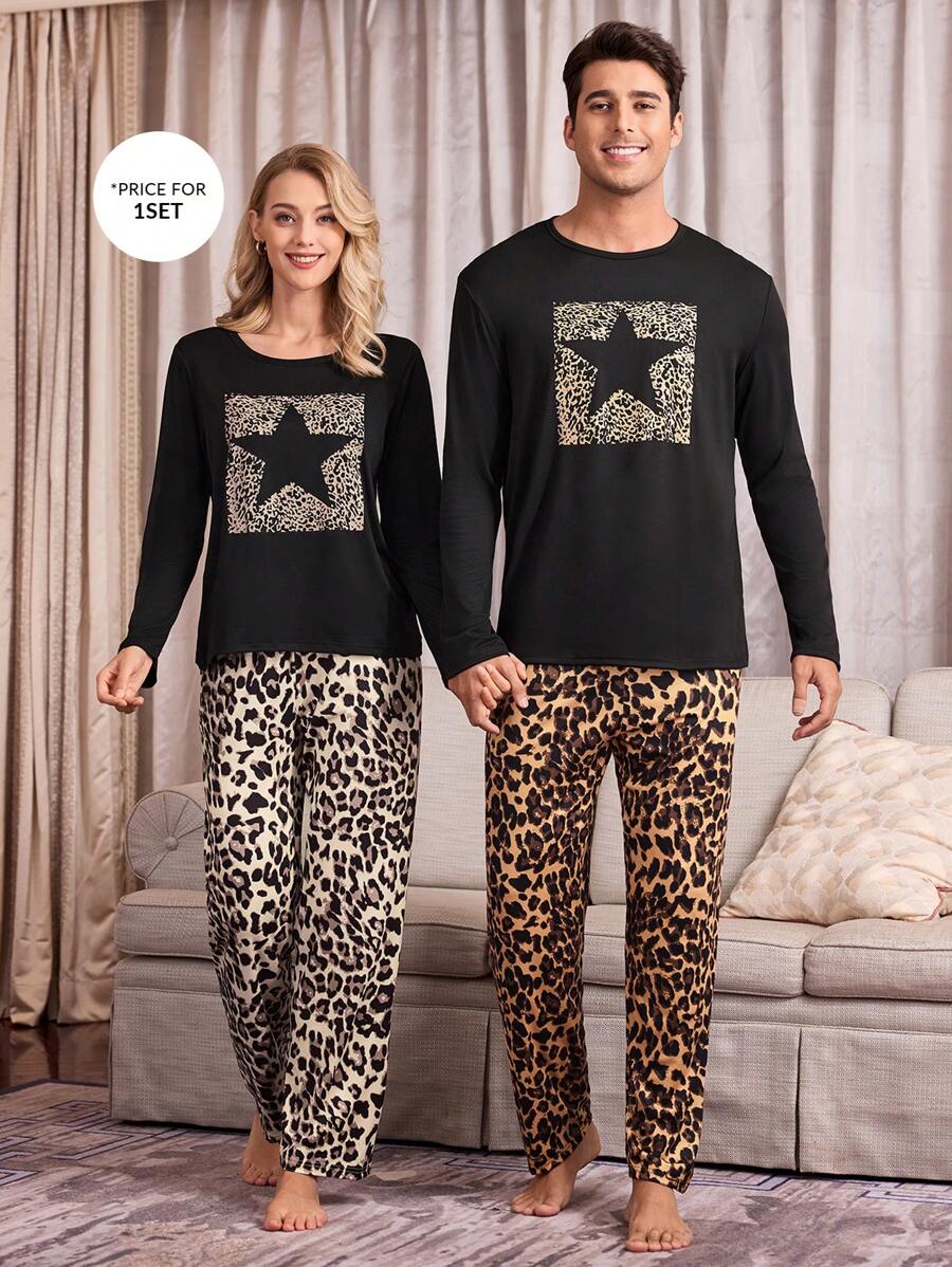 Manfinity Leopard Print Long Sleeve & Long Pants Men Sleepwear Set - Multicolor - View 1