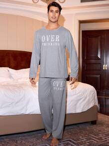 Manfinity Conjunto de ropa de descanso casual con estampado de letras para hombre - Gris - Ver 2
