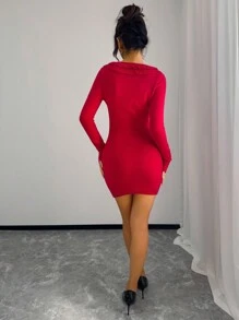 SHEIN Unity 春秋甜美温柔红色荷叶边V领修腰紧身长袖毛衣连衣裙适合派对新年衣服 - 紅色 - 查看 2