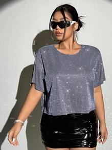 SHEIN ICON Áo thun croptop lấp lánh thời trang Plus cho mùa hè - Màu xanh nhạt - Xem 1