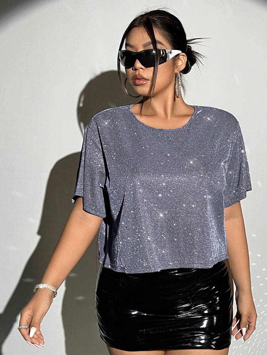 SHEIN ICON Áo thun croptop lấp lánh thời trang Plus cho mùa hè - Màu xanh nhạt - Xem 1