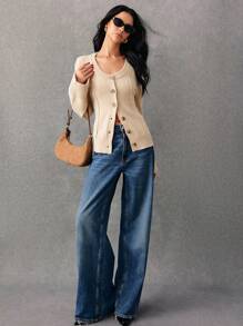 Poéselle 女士修身腰部开衫，前扣长袖纯色休闲毛衣卡其色开衫秋季服装冬季女装长袖秋装冬季女装，卡其色，轻松时尚必备， - 白色 - 查看 4