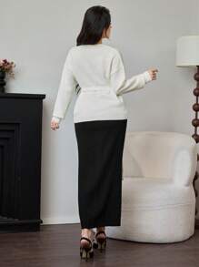 Modelyn Conjunto de 2 piezas para mujer: Suéter con cuello en V, hombros caídos, manga larga, aplicación floral y cinturón en la cintura & Falda larga tipo maxi, conjunto de 2 piezas para otoño e invierno