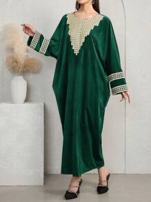 Al Najma Kaftan nhung ren tương phản truyền thống bảo thủ, váy dài tay bướm Ả Rập khiêm tốn Kaftan & Jalabiya, cho tiệc tối/khách dự tiệc cưới/kỷ niệm - màu xanh lá - Xem 4