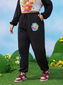 Teletubbies X SHEIN Pantalones de chándal informales, sueltos y clásicos con estampado de letras y dibujos animados de color azul y negro para tallas grandes - Negro - Ver 3