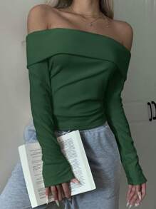 SHEIN EZwear Áo thun bó hở vai màu xanh lá cây đậm dành cho nữ - Màu xanh lá cây đậm - Xem 6