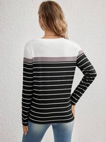 SHEIN Maternity Casual Striped Nursing Top, Loose Round Neck Long Sleeve Tee For Pregnant Women