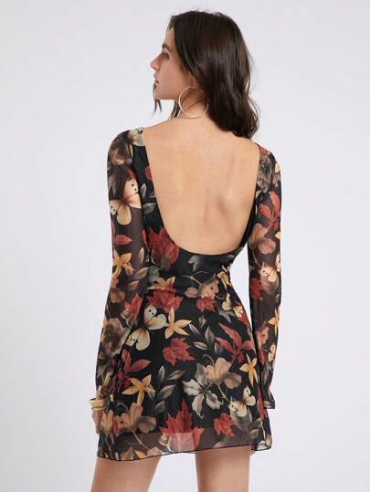 SHEIN EZwear 女士圆领长袖全花卉印花露背短款连衣裙