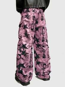 ROMWE MEN Street Life Men's Tie Front Print Pocket Casual Pants, For Daily Wear