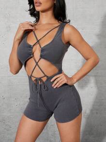Denimoi Women's Solid Color Hollow Crisscross Tie-Up Open Back Sleeveless Jumpsuit - Grey - View 1