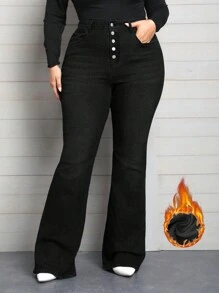 SHEIN Pantalones acampanados de mezclilla de talla grande para mujeres, elásticos, con efecto aterciopelado, color negro, diseño de múltiples botones, sexy, adecuados para otoño/invierno