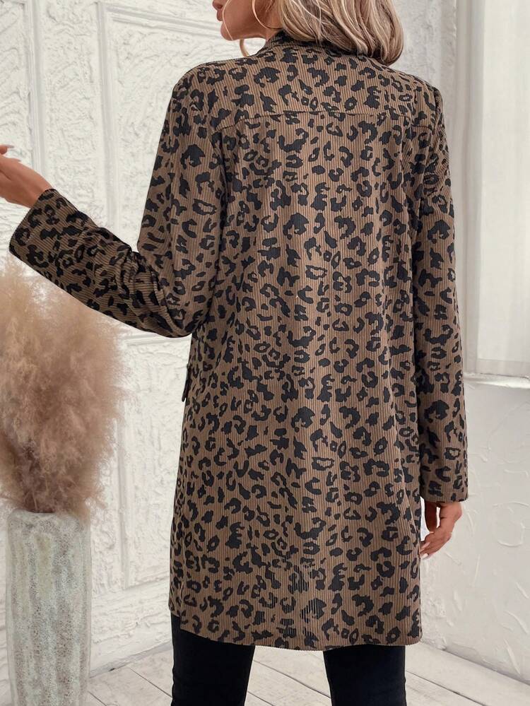 Women's Casual Corduroy Leopard Print Regular Jacket, Autumn Winter Jacket Women's Long Coat