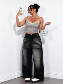 SHEIN ICON Straight-Leg Non-Stretch Washed Vintage Denim Jeans, Street Fashion - Black - View 5