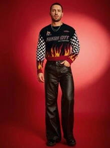 FeverCity Men's Digital Print Loose Knit Graphic Funny Pullover Long Sleeve Sweater, For Party