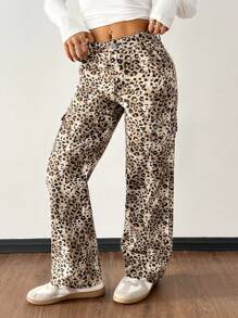 SHEIN PETITE Leopard Print Pocket Decor Casual Versatile Loose Fit Denim Jeans - Multicolor - View 5