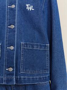 SHEIN Tween Girl Leopard Print Letter Embroidery Pocket Front Button Long Sleeve Denim Jacket For Autumn/Winter