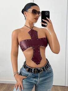 SHEIN ICON Y2k 性感派对外出 PU 皮革露背上衣，带露背设计和环形装饰 - 酒紅色 - 查看 1