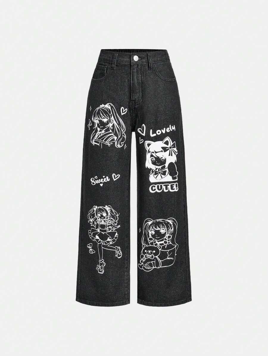 SHEIN Tween Girl Y2K Cartoon Patter& Letter Graphic Ripped Washed Denim Straight Leg Jeans, Spring And Summer - Black - View 1