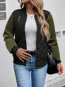 SHEIN LUNE Olivgrüne & Schwarze Farbblock Damen Jacke mit Langarm, geeignet für den täglichen Gebrauch und Outdoor, Bomberjacke für Frauen