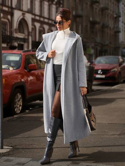 EURMUSE Hooded Long Gray Solid Color Overcoat For Winter