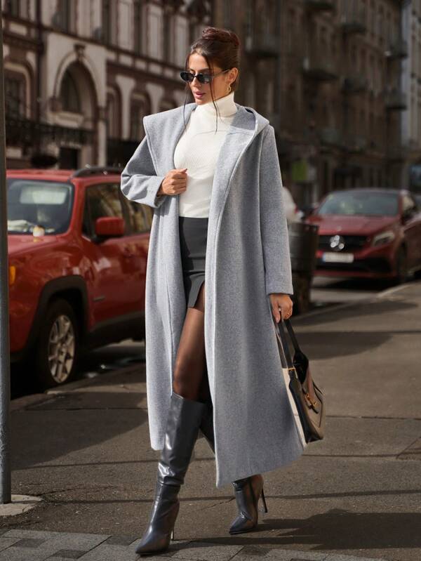 EURMUSE Hooded Long Gray Solid Color Overcoat For Winter