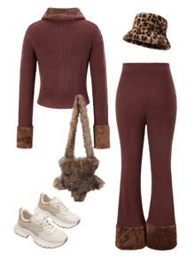 SHEIN Teen Girls Fashion Patched Fluffy Cable Knit Cropped Cardigan & Flared Pants 2 Pieces Set, Autumn/Winter - Brown - View 2