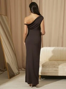 MaterniChic Maternity Apricot Asymmetrische Hals Effen Kleur Geplooide Schuine Schouder Sexy Hoge Split 3D Bloemenjurk Voor Vrouwen, Zomerresort/Date