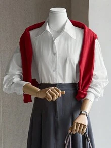 DAZY 1pc Plain Long Sleeve Collared Pocket Blouse For Women,Fall Clothes - White - View 7