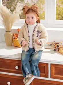 SHEIN Baby/Toddler Girls Beige Leopard Print Drawstring Zipper Hoodie Jacket - Apricot - View 3
