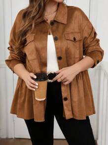 SHEIN LUNE Plus Size Front Button Long Sleeve Pocket Casual Coat Holiday Thermal Vacations Winter Clothes For Women New Year - Brown - View 6