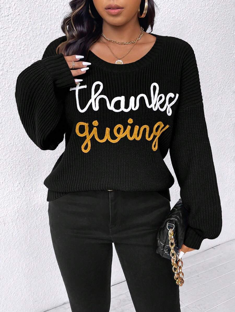 Calvaya Plus Size Colorblock Letter Pattern Drop Shoulder Loose Knitted Sweater For Autumn/Winter Fall - Black - View 1