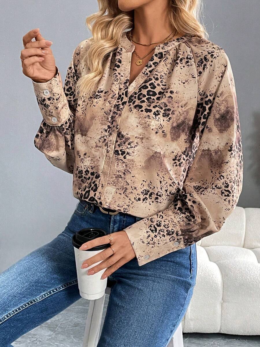 SHEIN Clasi Women's Elegant Raglan Sleeve Sleeve Ruched Leopard Print Blouse, Autumn/Winter Fall Cloth For Women - Multicolor - View 1
