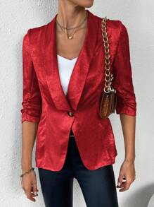 SHEIN Privé 1 件女士金色翻领长袖西装外套 - 紅色 - 查看 1